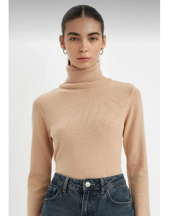 Kadın Bej Fitilli Balıkçı Yaka Triko Kazak