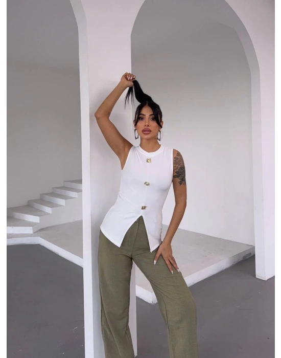 Kadın beyaz bisiklet yaka gold düğmeli ottoman bluz s2310