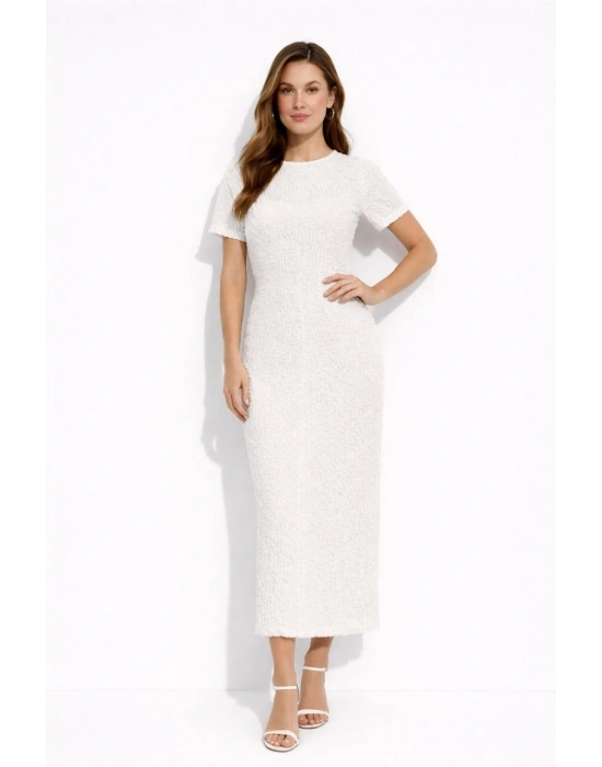 Kadın Beyaz Kısa Kollu Arkası Yırtmaçlı Uzun Elbise + İç Göstermeyen Askılı Mini Elbiseli - Beyaz