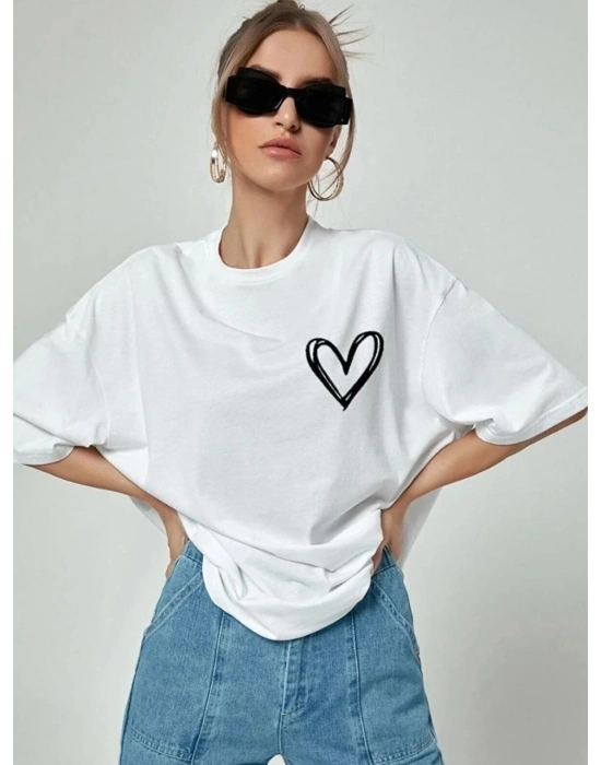 Kadın Bisiklet Yaka Baskılı Oversize T-Shirt - Beyaz