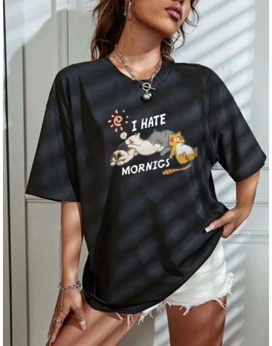 Kadın Bisiklet Yaka Baskılı Oversize T-Shirt - Siyah