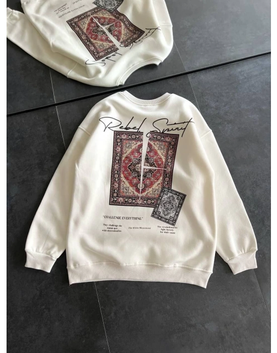 Kadın Bisiklet Yaka Baskılı SweatShirt - Beyaz