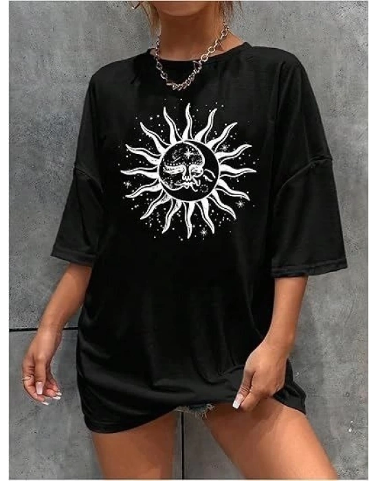 Kadın Bisiklet Yaka Baskılı T-shirt - Siyah