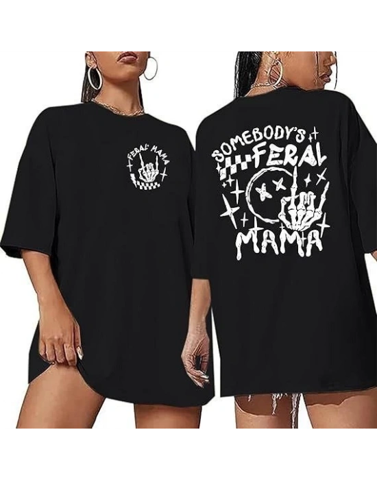 Kadın Bisiklet Yaka Baskılı T-shirt - Siyah