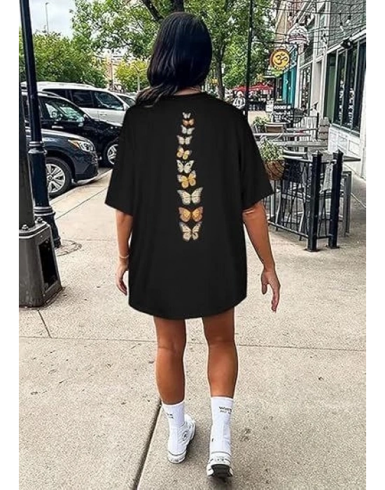 Kadın Bisiklet Yaka Baskılı T-shirt - Siyah