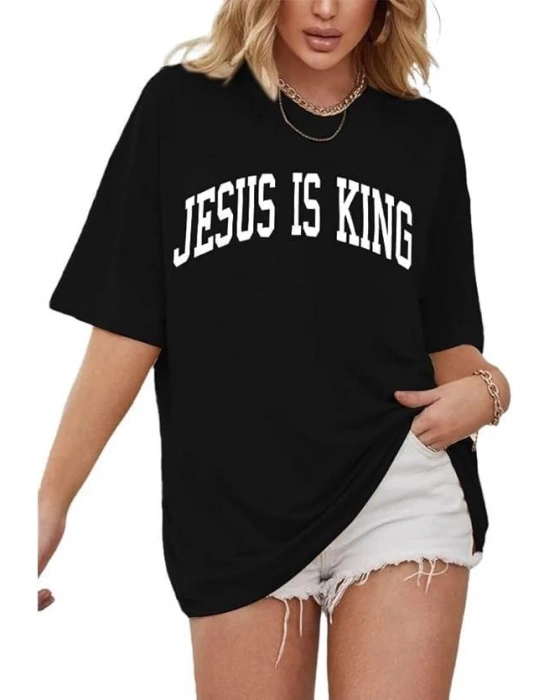 Kadın Bisiklet Yaka Kısa Kol Baskılı T-shirt - Siyah