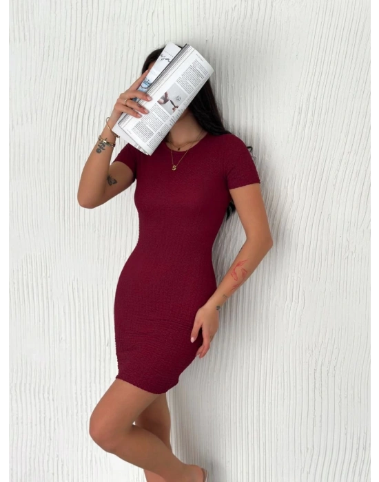 Kadın Bisiklet Yaka Kısa Kol Likralı Elbise - Bordo