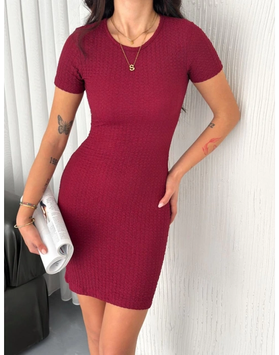 Kadın Bisiklet Yaka Kısa Kol Likralı Elbise - Bordo