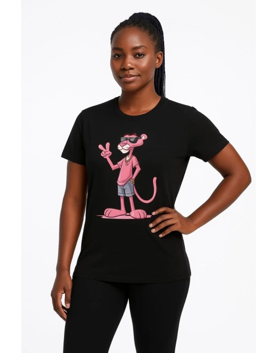 Kadın Bisiklet Yaka Kısa Kollu Baskılı T-shirt - Siyah