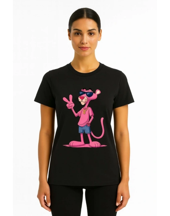 Kadın Bisiklet Yaka Kısa Kollu Baskılı T-shirt - Siyah