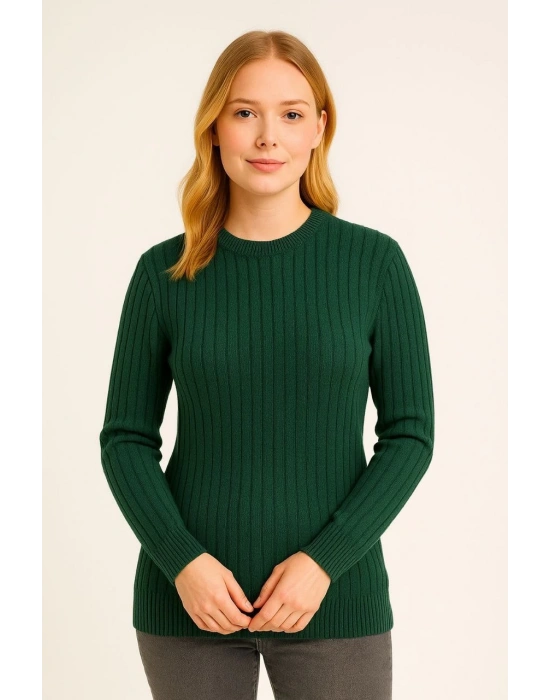 Kadın Bisiklet Yuvarlak Yaka Triko Kazak Pamuklu Kalın Fitilli Dokuma, Regular Fit Uzun Kollu Kışlık Model - Haki