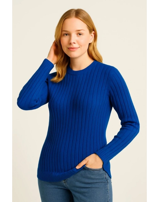 Kadın Bisiklet Yuvarlak Yaka Triko Kazak Pamuklu Kalın Fitilli Dokuma, Regular Fit Uzun Kollu Kışlık Model - Saks Mavisi
