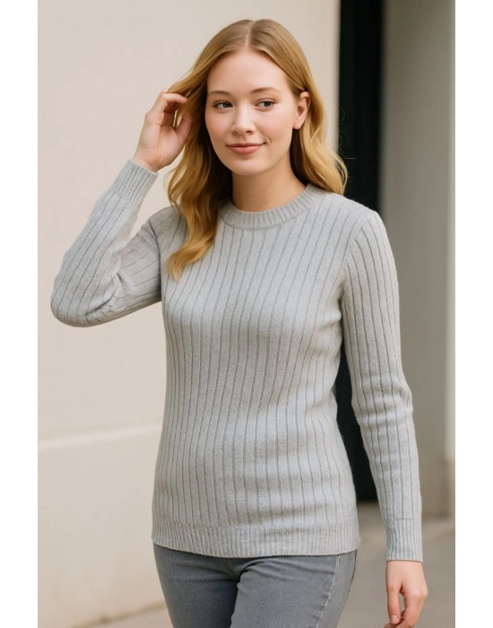 Kadın Bisiklet Yuvarlak Yaka Triko Kazak Pamuklu Kalın Fitilli Dokuma, Regular Fit Uzun Kollu Kışlık Model - Gri