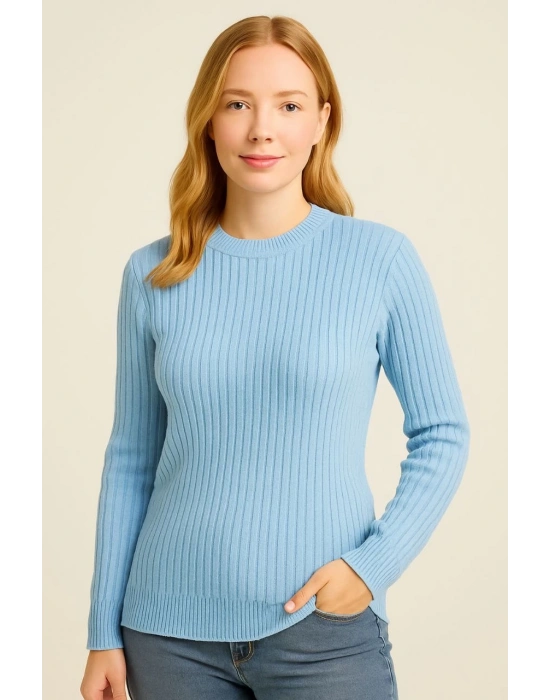 Kadın Bisiklet Yuvarlak Yaka Triko Kazak Pamuklu Kalın Fitilli Dokuma, Regular Fit Uzun Kollu Kışlık Model - Bebe Mavisi