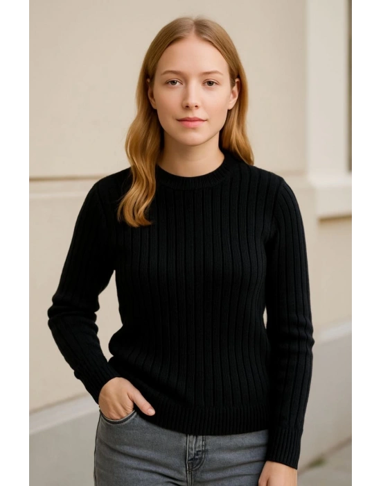 Kadın Bisiklet Yuvarlak Yaka Triko Kazak Pamuklu Kalın Fitilli Dokuma, Regular Fit Uzun Kollu Kışlık Model - Siyah