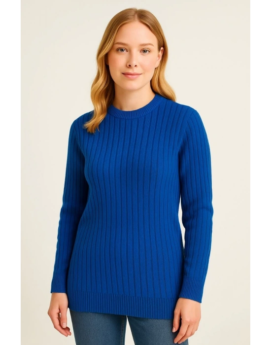Kadın Bisiklet Yuvarlak Yaka Triko Kazak Pamuklu Kalın Fitilli Dokuma, Regular Fit Uzun Kollu Kışlık Model - Saks Mavisi
