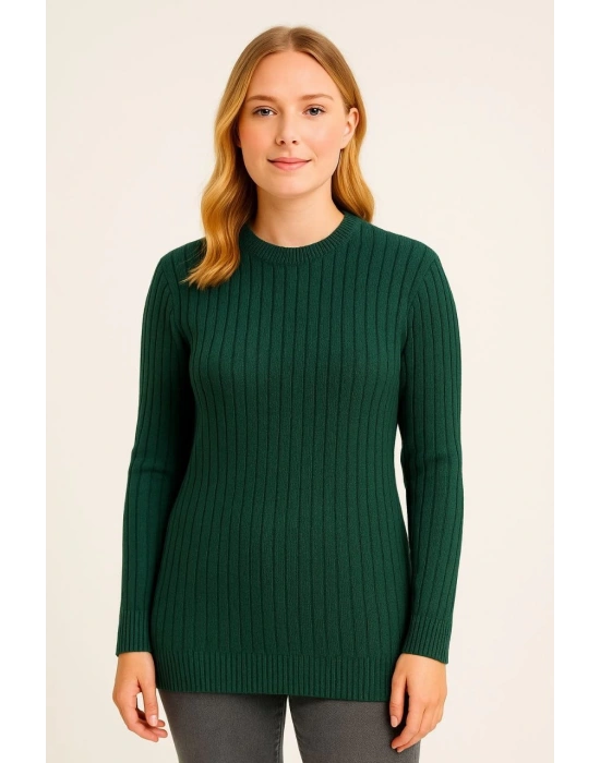 Kadın Bisiklet Yuvarlak Yaka Triko Kazak Pamuklu Kalın Fitilli Dokuma, Regular Fit Uzun Kollu Kışlık Model - Haki