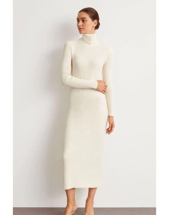 Kadın Boğazlı Triko Elbise – Uzun Fitilli Esnek Dokuma, Tam Kalıp, Kışlık & Baharlık Şık Rahat Stil, 130 cm Midi Boy Elbise - Beyaz