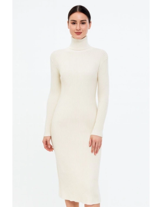 Kadın Boğazlı Triko Elbise – Uzun Fitilli Esnek Dokuma, Tam Kalıp, Kışlık & Baharlık Şık Rahat Stil, 130 cm Midi Boy Elbise - Beyaz