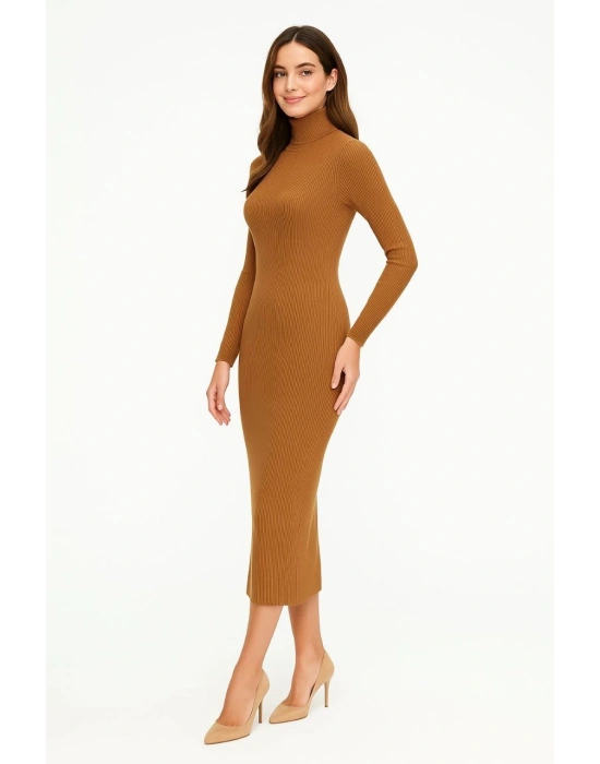 Kadın Boğazlı Triko Elbise – Uzun Fitilli Esnek Dokuma, Tam Kalıp, Kışlık & Baharlık Şık Rahat Stil, 130 cm Midi Boy Elbise - Kahverengi