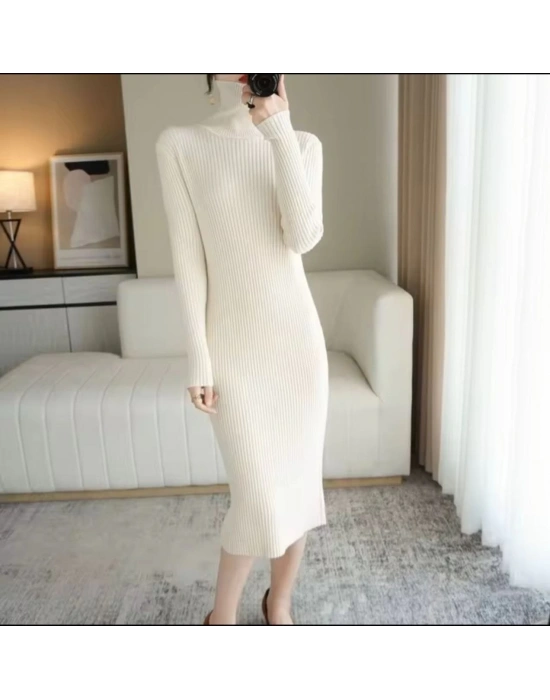 Kadın Boğazlı Uzun Fitilli Triko Dokuma Elbise - Beyaz