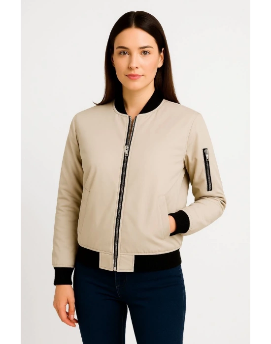 Kadın Bomber Mont Ceket – Fermuarlı, Kapitone İçi Astarlı, Su İtici Kumaş, Regular Fit, Yandan Cepli, Günlük Bahar & Kış Şık Rahat Stil - bej