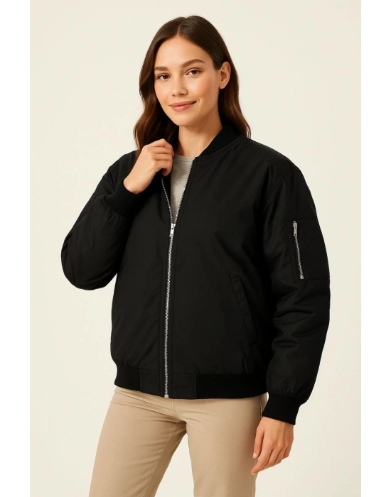 Kadın Bomber Mont Ceket – Fermuarlı, Kapitone İçi Astarlı, Su İtici Kumaş, Regular Fit, Yandan Cepli, Günlük Bahar & Kış Şık Rahat Stil - Siyah