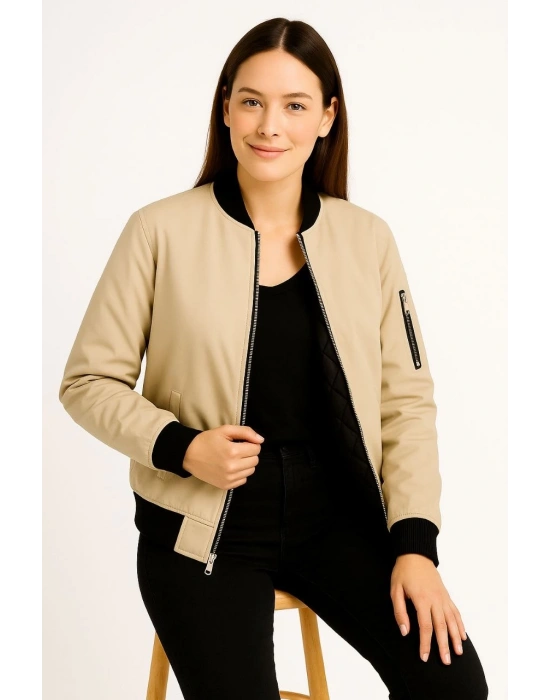 Kadın Bomber Mont Ceket – Fermuarlı, Kapitone İçi Astarlı, Su İtici Kumaş, Regular Fit, Yandan Cepli, Günlük Bahar & Kış Şık Rahat Stil - bej