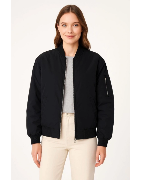 Kadın Bomber Mont Ceket – Fermuarlı, Kapitone İçi Astarlı, Su İtici Kumaş, Regular Fit, Yandan Cepli, Günlük Bahar & Kış Şık Rahat Stil - Siyah