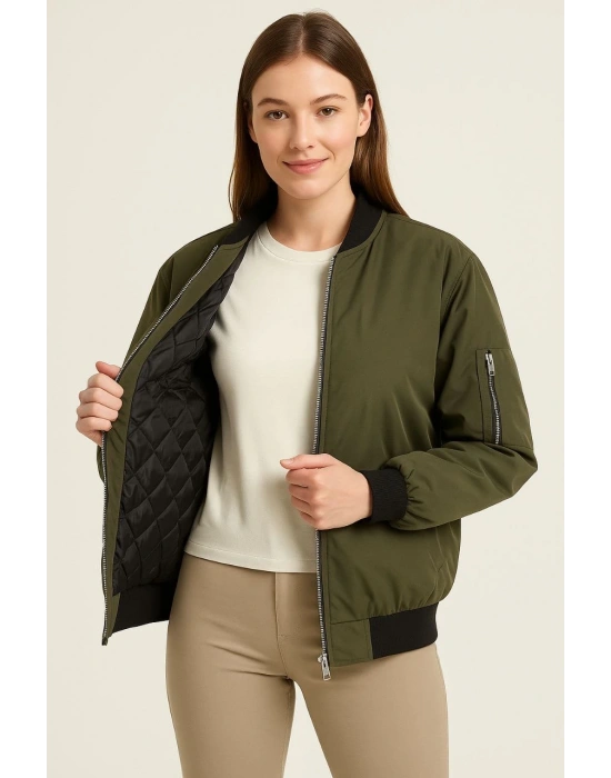 Kadın Bomber Mont Ceket – Fermuarlı, Kapitone İçi Astarlı, Su İtici Kumaş, Regular Fit, Yandan Cepli, Günlük Bahar & Kış Şık Rahat Stil - Haki