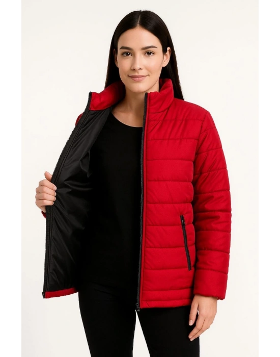 Kadın Bomber Mont Ceket – Su İtici Kumaş, Kapitone Astarlı, Fermuarlı, Kışlık - Kırmızı