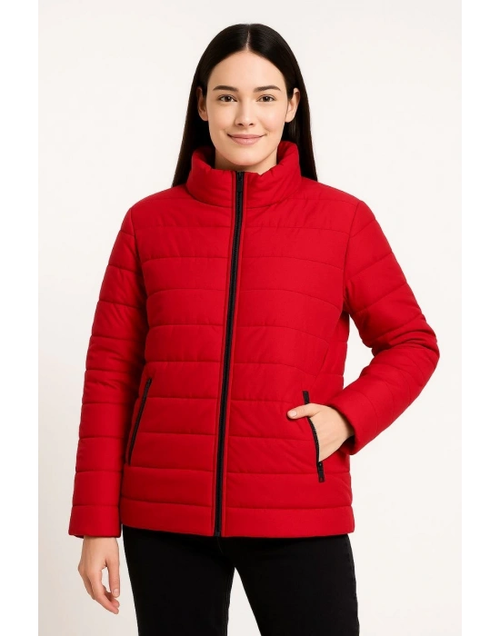 Kadın Bomber Mont Ceket – Su İtici Kumaş, Kapitone Astarlı, Fermuarlı, Kışlık - Kırmızı