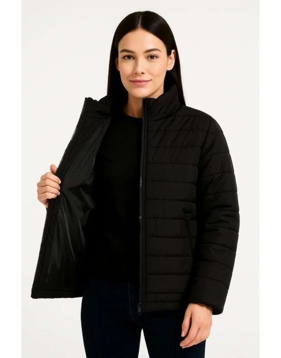 Kadın Bomber Mont Ceket – Su İtici Kumaş, Kapitone Astarlı, Fermuarlı, Kışlık - Siyah