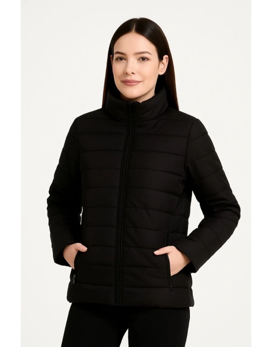 Kadın Bomber Mont Ceket – Su İtici Kumaş, Kapitone Astarlı, Fermuarlı, Kışlık - Siyah