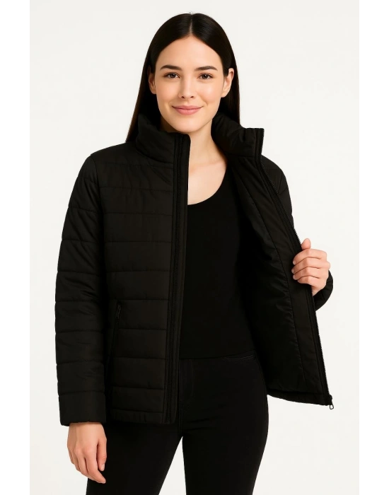 Kadın Bomber Mont Ceket – Su İtici Kumaş, Kapitone Astarlı, Fermuarlı, Kışlık - Siyah