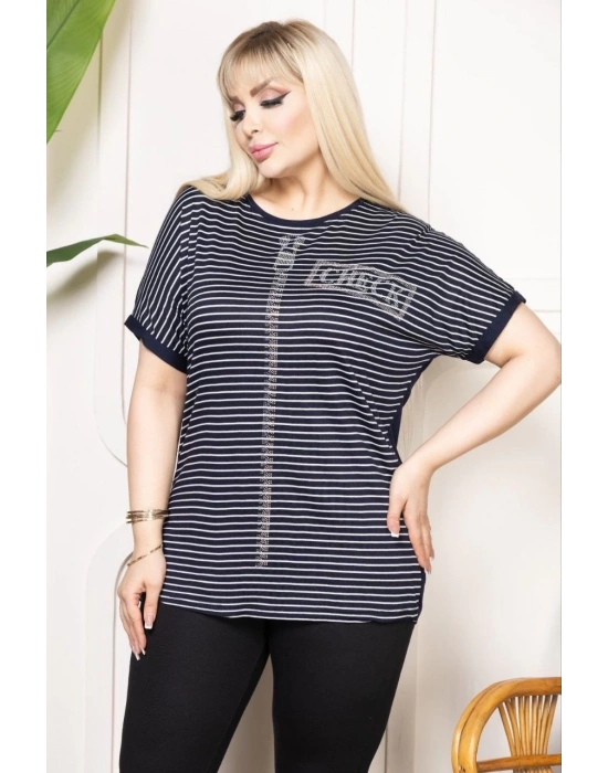 Kadın Büyük Beden Çizgili Taş Detaylı Kısa Kollu Likralı Viskon Tişört - Lacivert