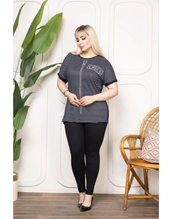 Kadın Büyük Beden Çizgili Taş Detaylı Kısa Kollu Likralı Viskon Tişört - Lacivert