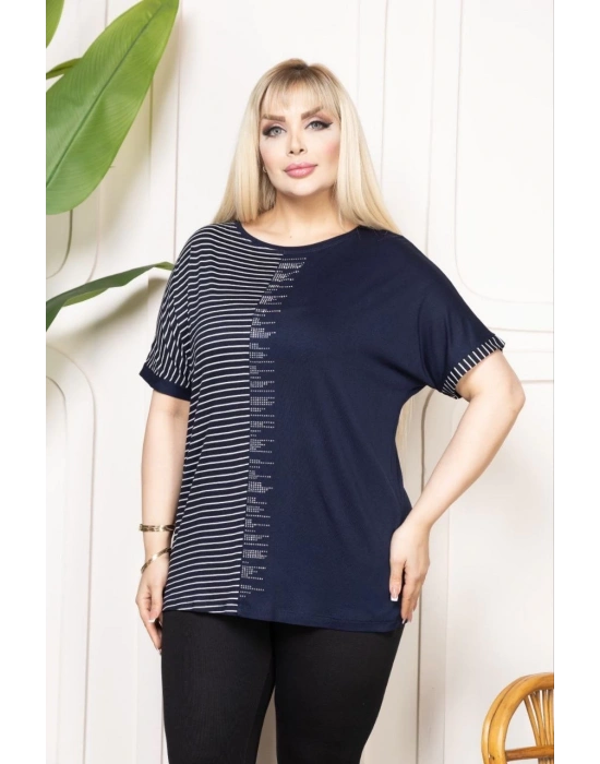 Kadın Büyük Beden Taş Detaylı Çizgili Viskon Tişört Bisiklet Yaka Rahat Kesim - Lacivert