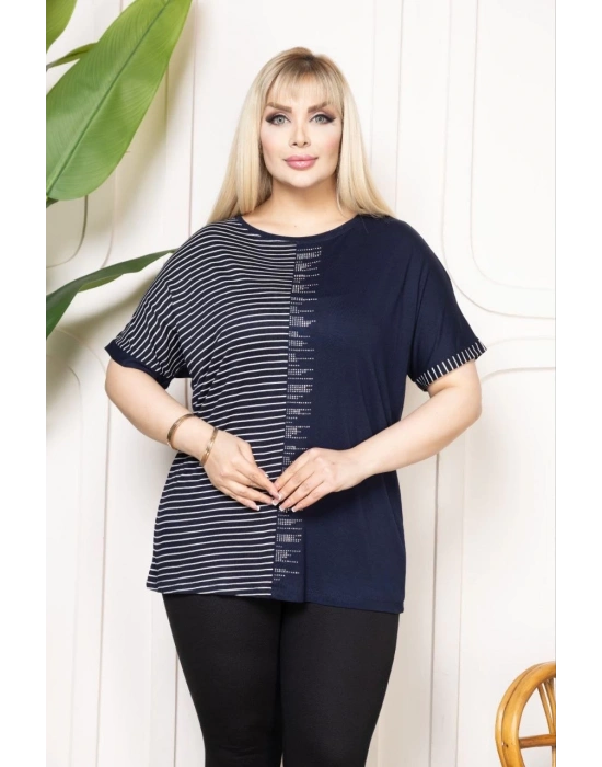 Kadın Büyük Beden Taş Detaylı Çizgili Viskon Tişört Bisiklet Yaka Rahat Kesim - Lacivert
