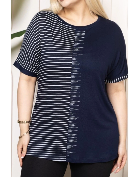 Kadın Büyük Beden Taş Detaylı Çizgili Viskon Tişört Bisiklet Yaka Rahat Kesim - Lacivert