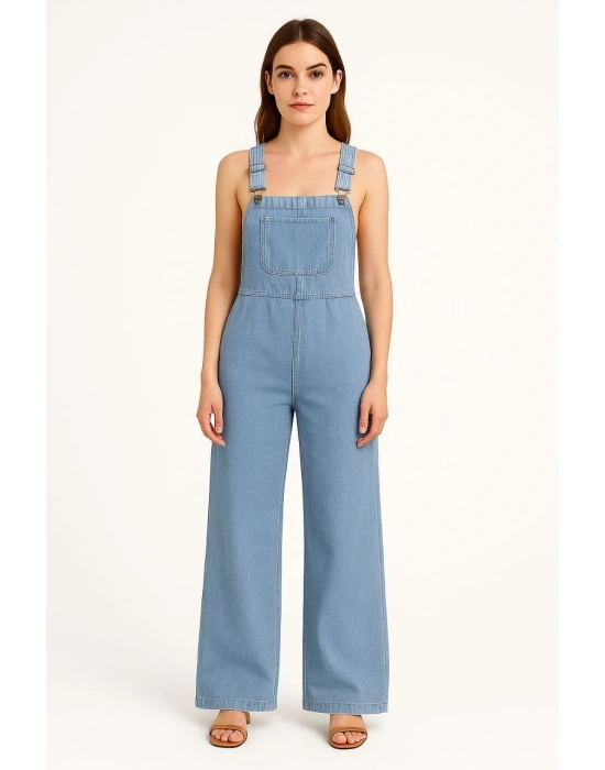 Kadın Chambray Açık Mavi Denim Görünümlü Geniş Paça Salopet Tulum - Mavi