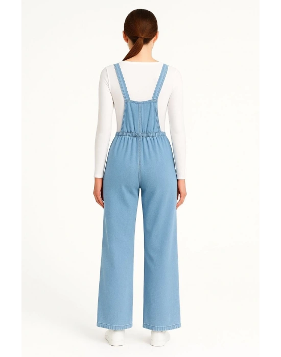 Kadın Chambray Açık Mavi Denim Görünümlü Geniş Paça Salopet Tulum - Mavi