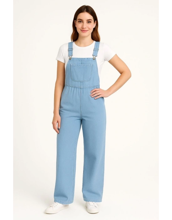 Kadın Chambray Açık Mavi Denim Görünümlü Geniş Paça Salopet Tulum - Mavi