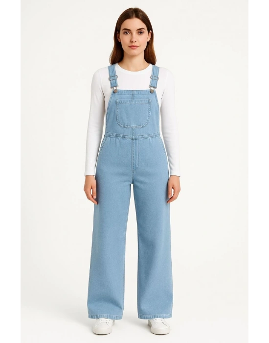 Kadın Chambray Açık Mavi Denim Görünümlü Geniş Paça Salopet Tulum - Mavi