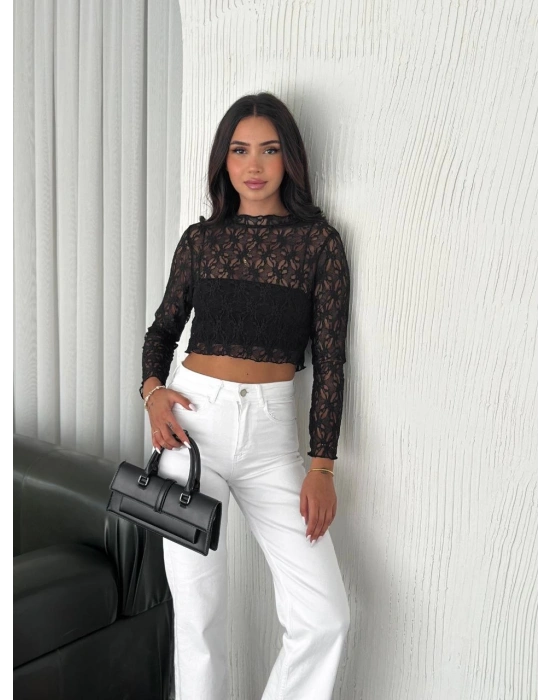 Kadın Dantel Uzun Kol Bluz- Siyah