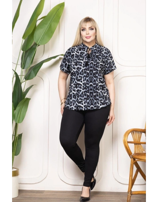 Kadın Desenli Püsküllü Viskon Bluz Bebe Yaka Kısa Kollu Big Size Rahat Kesim - Desenli