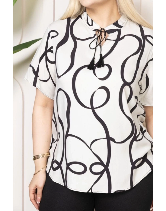 Kadın Desenli Püsküllü Viskon Bluz Bebe Yaka Kısa Kollu Big Size Rahat Kesim - Desenli