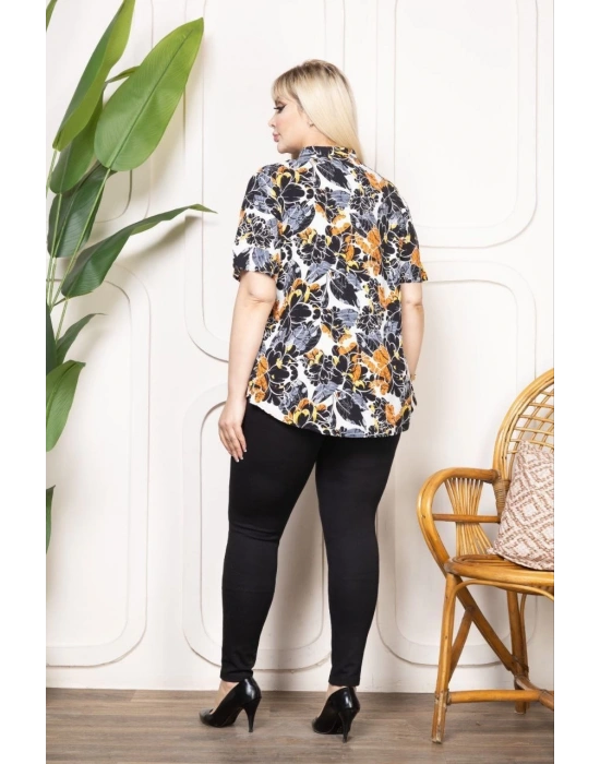 Kadın Desenli Püsküllü Viskon Bluz Bebe Yaka Kısa Kollu Big Size Rahat Kesim - Desenli