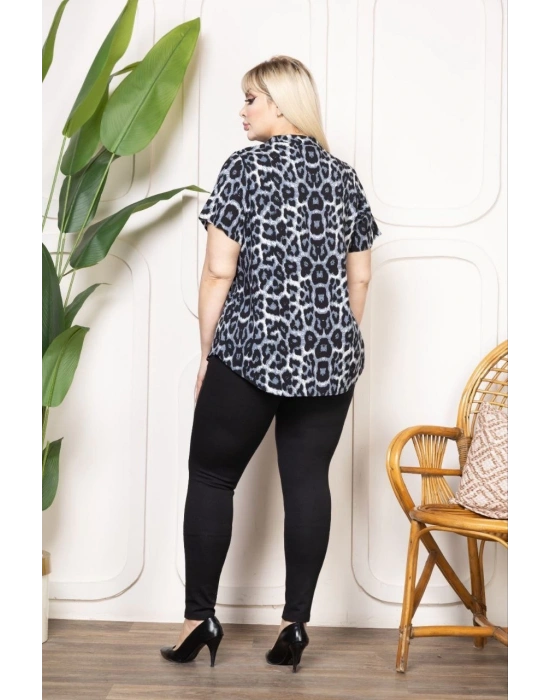 Kadın Desenli Püsküllü Viskon Bluz Bebe Yaka Kısa Kollu Big Size Rahat Kesim - Desenli