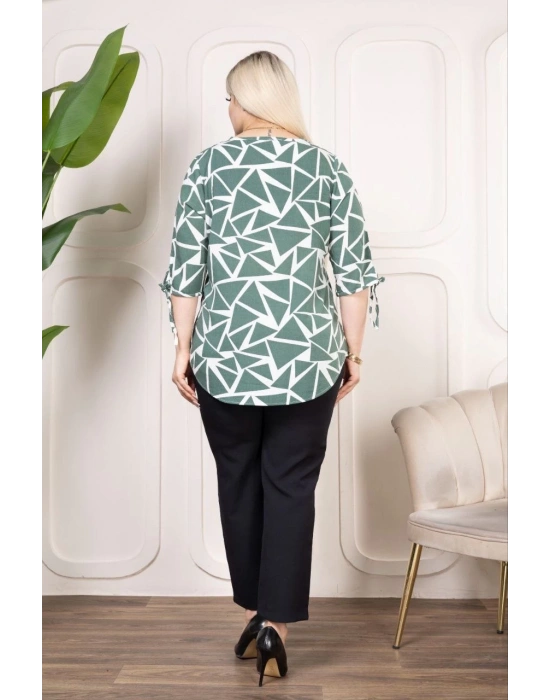 Kadın Desenli Püsküllü Viskon Bluz Bebe Yaka Kısa Kollu Big Size Rahat Kesim - Desenli